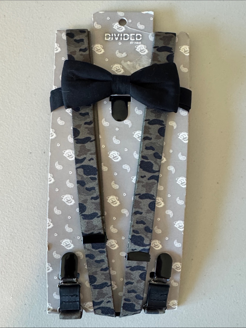 H&M Divided Gray Camo Suspenders with Black Bow Tie